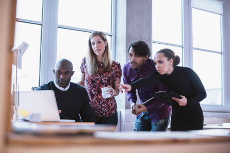 A group of professionals looking a computer screen