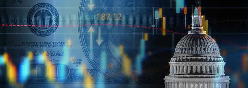 Collage of the Capital building, currency and market indicies.